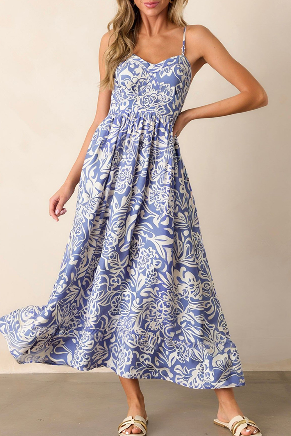 Sky Blue Floral Print Spaghetti Strap Maxi Dress RTS