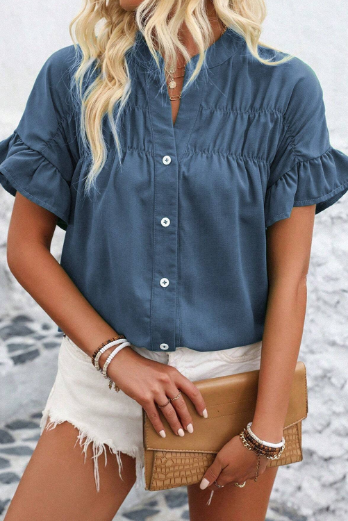 Teal Ruffle Ruched Buttoned Shirt RTS