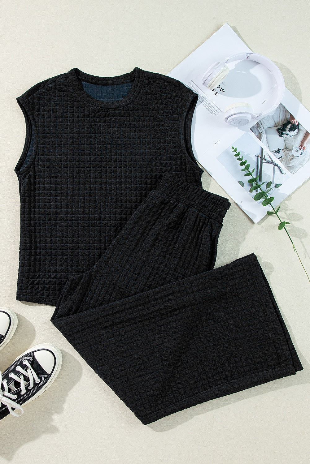 Black Textured Pants Set March.