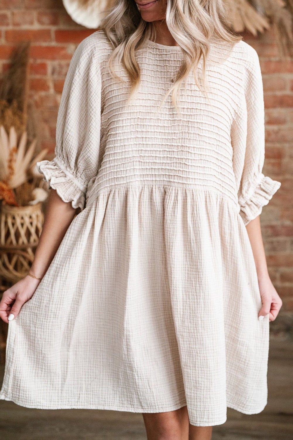 White Textured Ruffled Dress March.