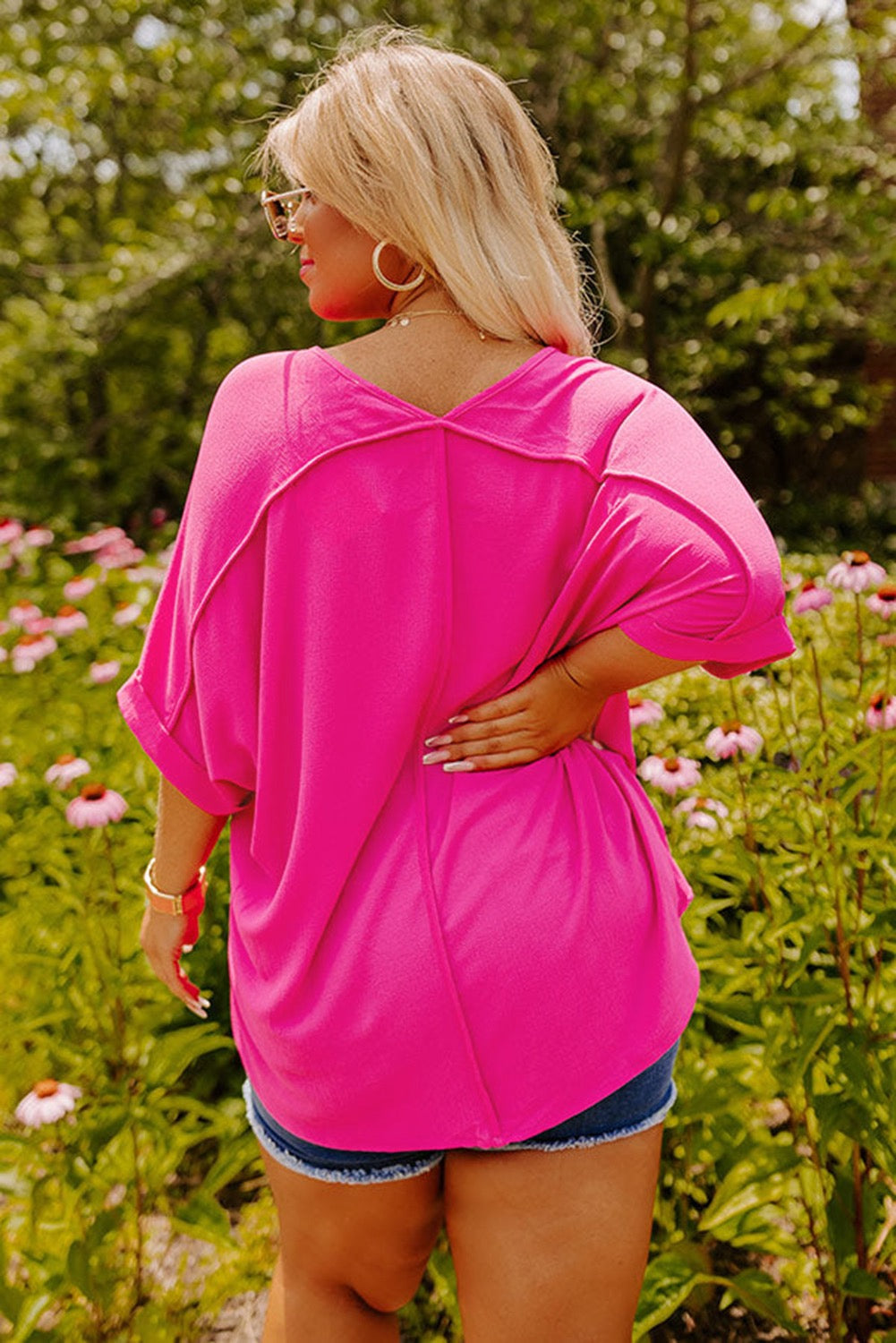 Pink Plus Size Cuffed Sleeve Blouse March.