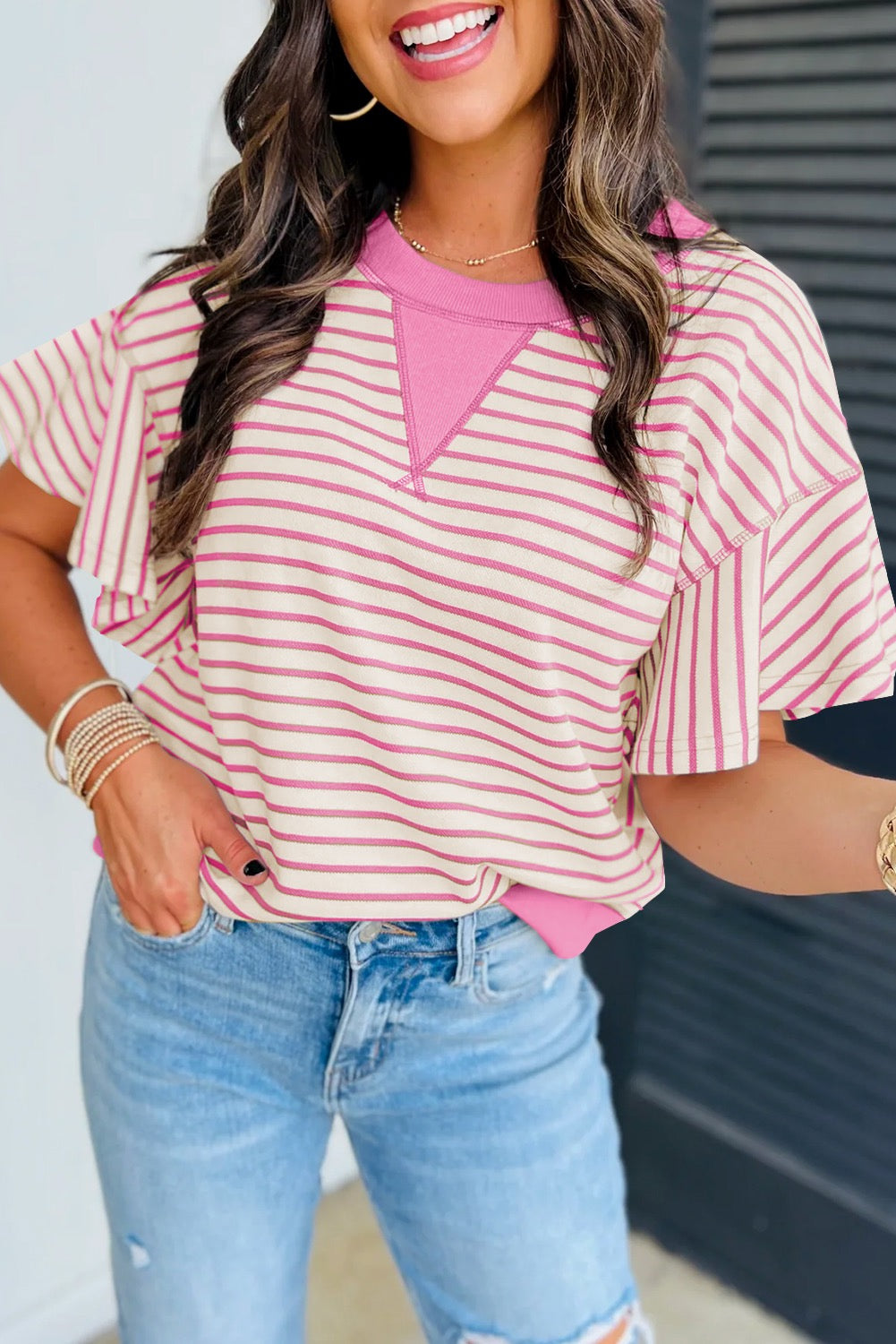 Pink Stripe Ruffle Sleeve Blouse March.