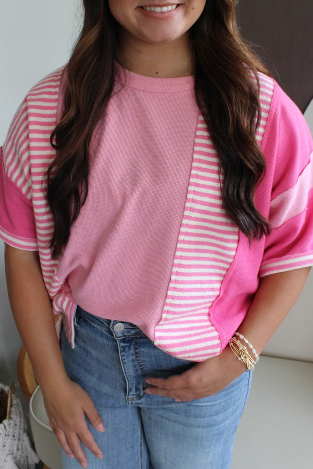 Pink Striped Colorblock Plus Top RTS