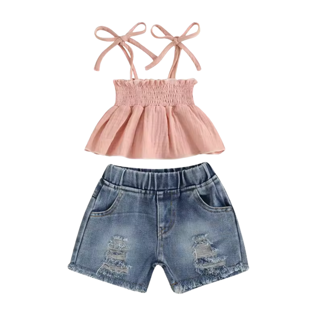 Pink Tied Sleeve Distressed Denim Short Set RTS