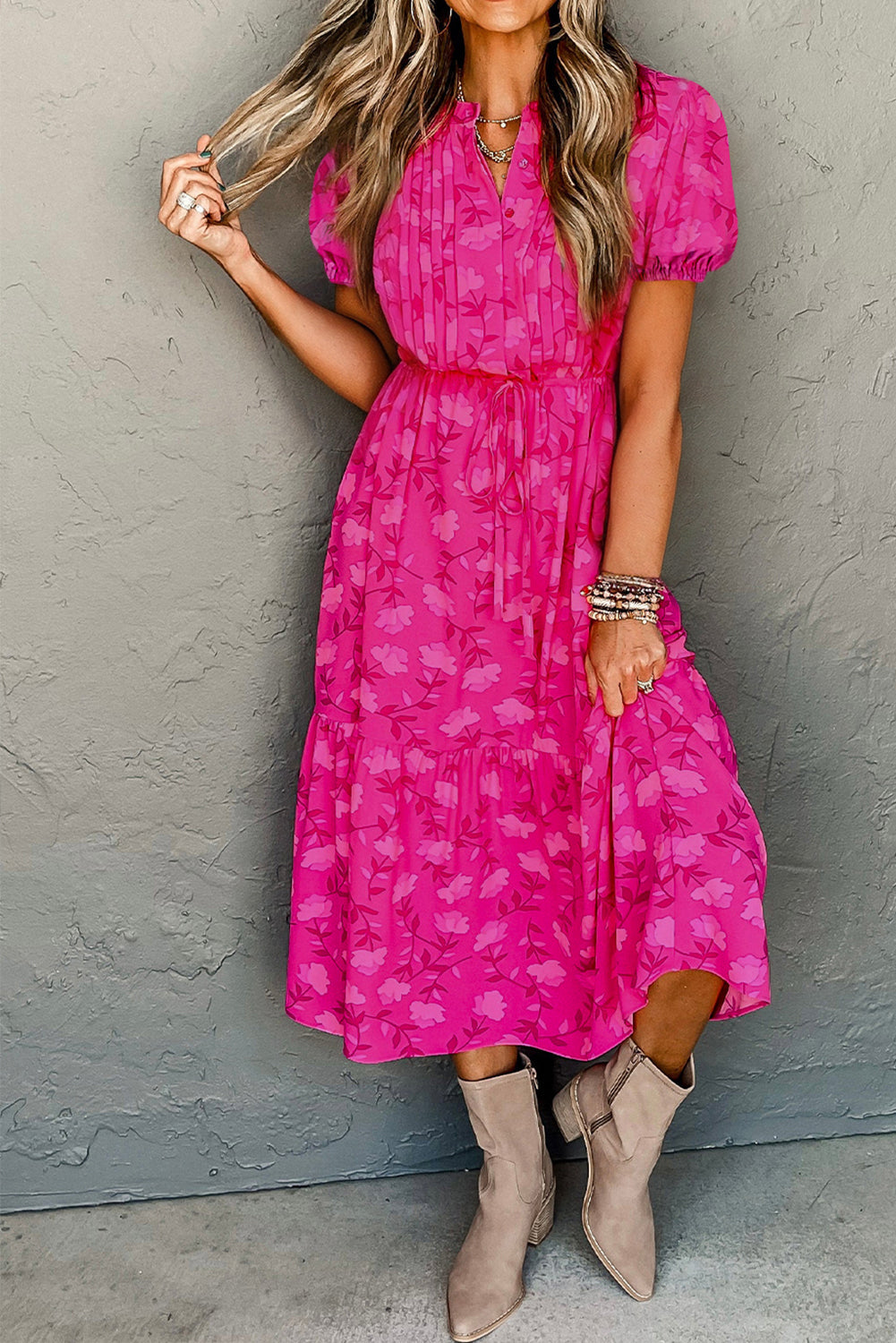 Rose Red Floral Pleated Midi Dress RTS