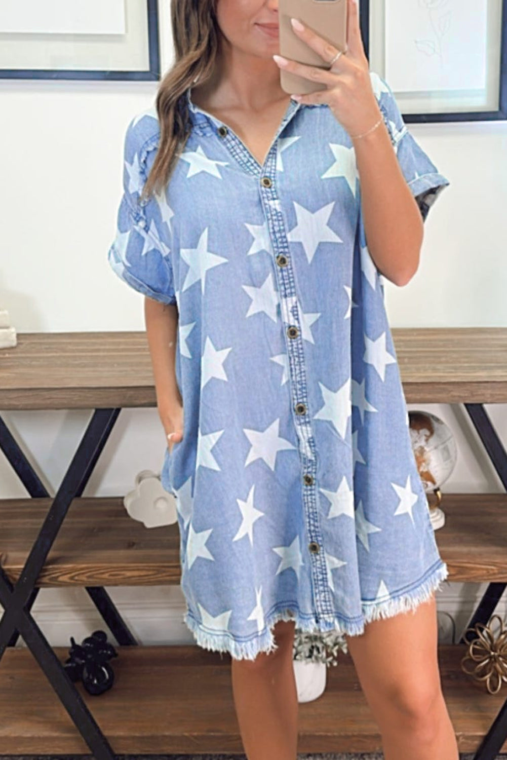 Sky Blue Stars Frayed Hem Denim Dress RTS
